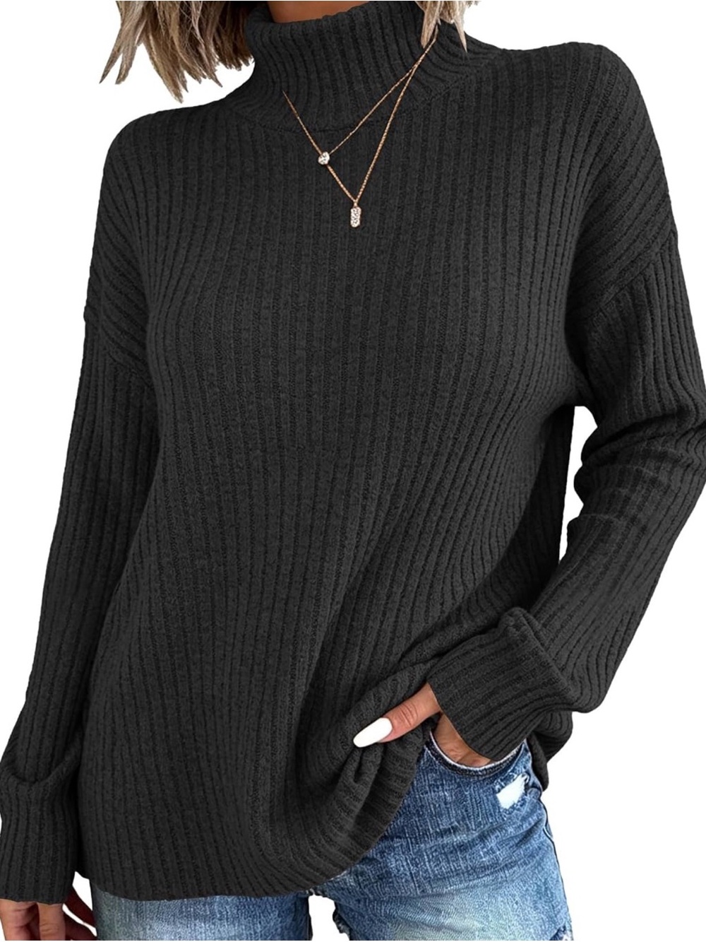 Women Long Sleeve Mock Neck Ribbed Tunic Tops Side Split Pullover XL